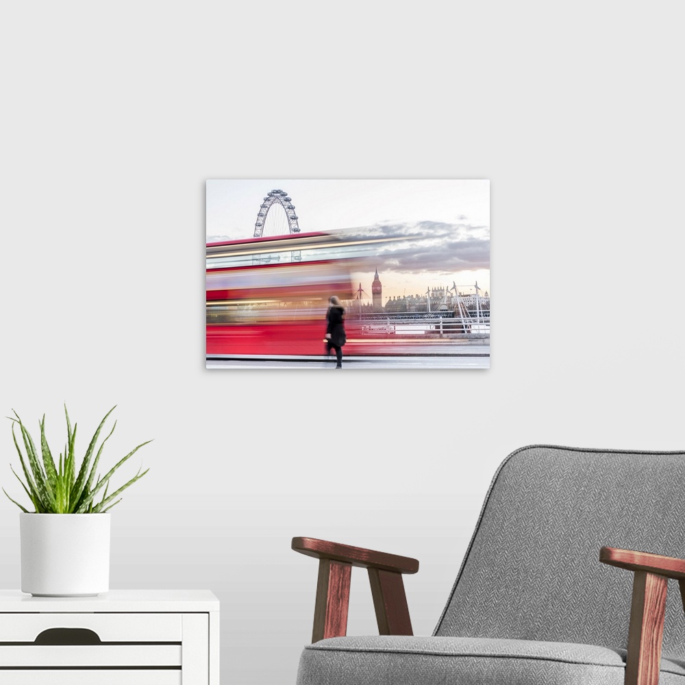 A modern room featuring A lady crossing Waterloo Bridge with a bus passing between her, the London Eye and Big Ben, Londo...