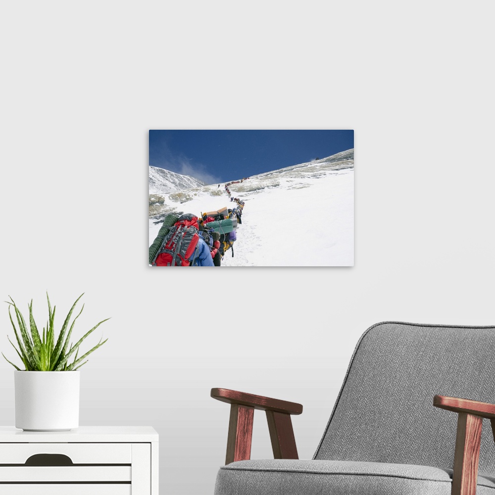 A modern room featuring A line of climbers on the Lhotse Face, Mount Everest, Solu Khumbu Everest Region, Sagarmatha Nati...