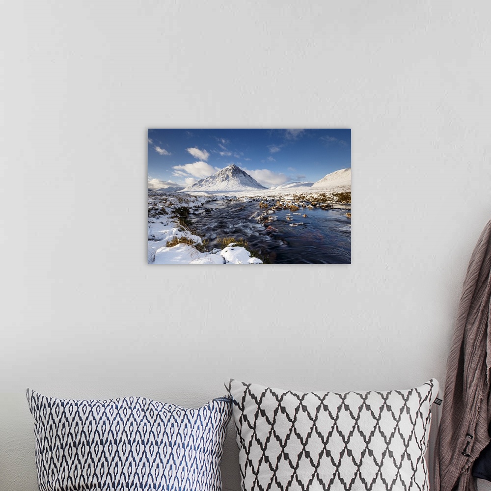A bohemian room featuring A wintery scene at Buachaille Etive Mor and River Coupall, Glencoe, Highlands, Scotland, United K...
