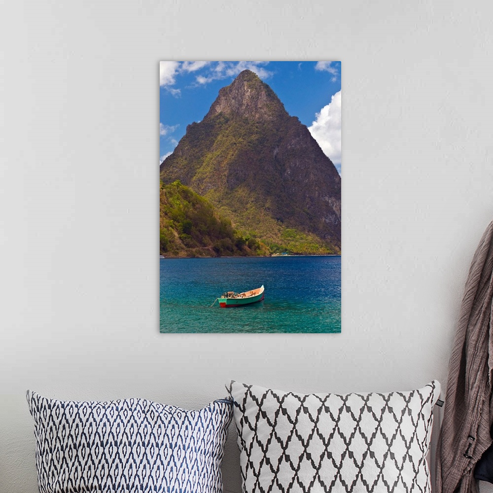 A bohemian room featuring A wooden rowboat in the Atlantic Ocean, St. Lucia, Windward Islands, Caribbean