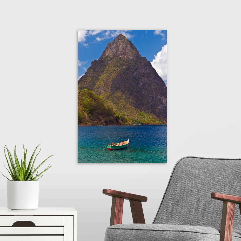 A modern room featuring A wooden rowboat in the Atlantic Ocean, St. Lucia, Windward Islands, Caribbean
