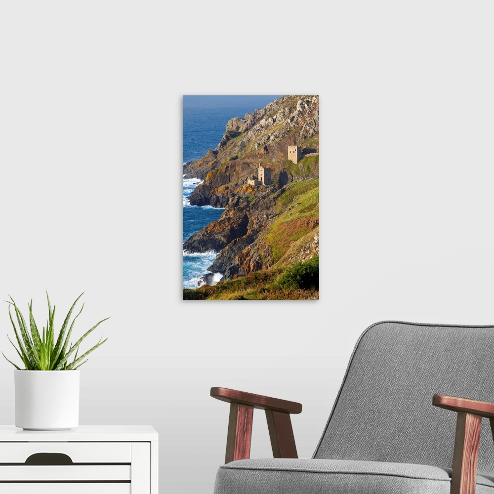 A modern room featuring Abandoned Tin Mine near Botallack, and rocky coast, Cornwall, England, UK
