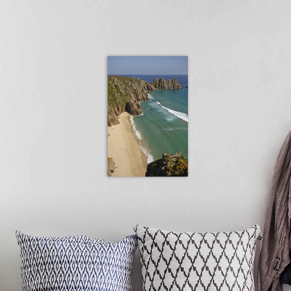 A bohemian room featuring Iconic view from Treen cliffs, across the sands of Pedn Vaunder to the Logan Rock headland, near ...