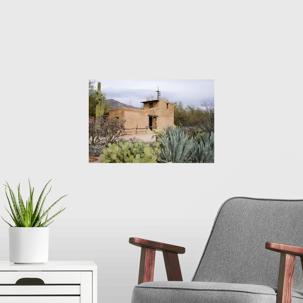 A modern room featuring Adobe Mission, De Grazia Gallery in the Sun, Tucson, Arizona