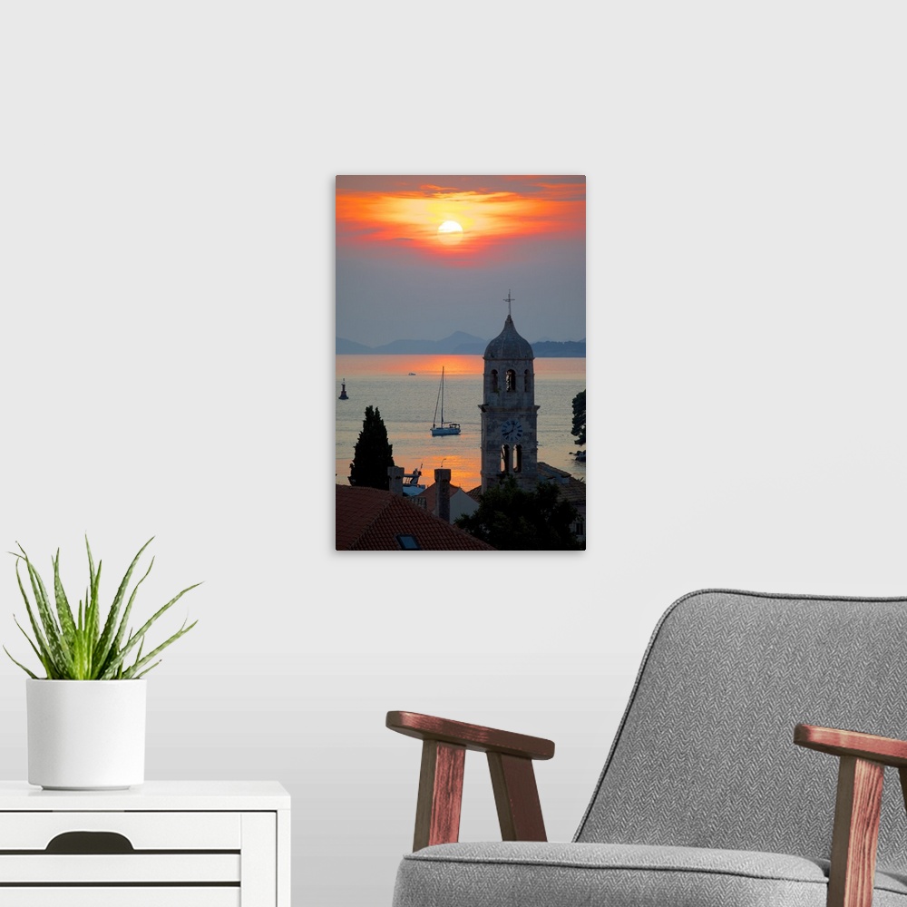 A modern room featuring Adriatic sunset, Cavtat, Dubrovnik Riviera, Dalmatian Coast, Dalmatia, Croatia, Europe.