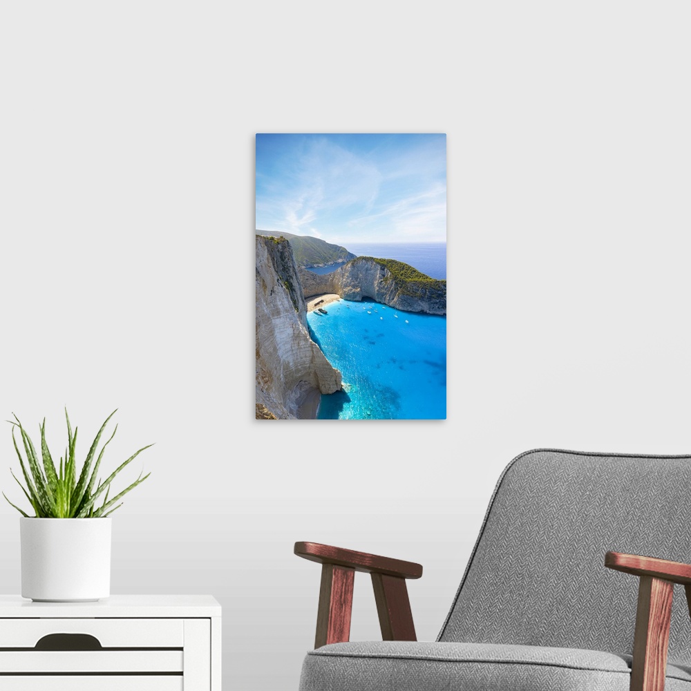 A modern room featuring Aerial panoramic view of cliffs surrounding the idyllic Navagio Beach (Shipwreck Beach), Zakyntho...