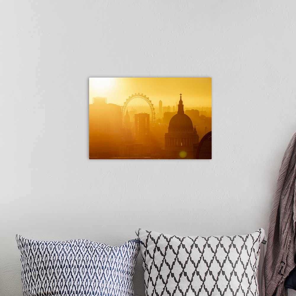 A bohemian room featuring Aerial view of London skyline at sunset, including London Eye and St. Paul's Cathedral, London, E...