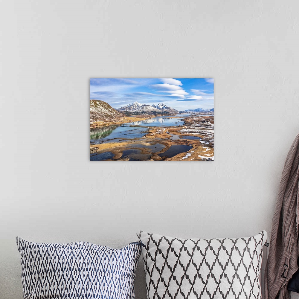 A bohemian room featuring Aerial view of mountains reflected in the sea, Leknes, Nordland county, Lofoten Islands, Norway, ...