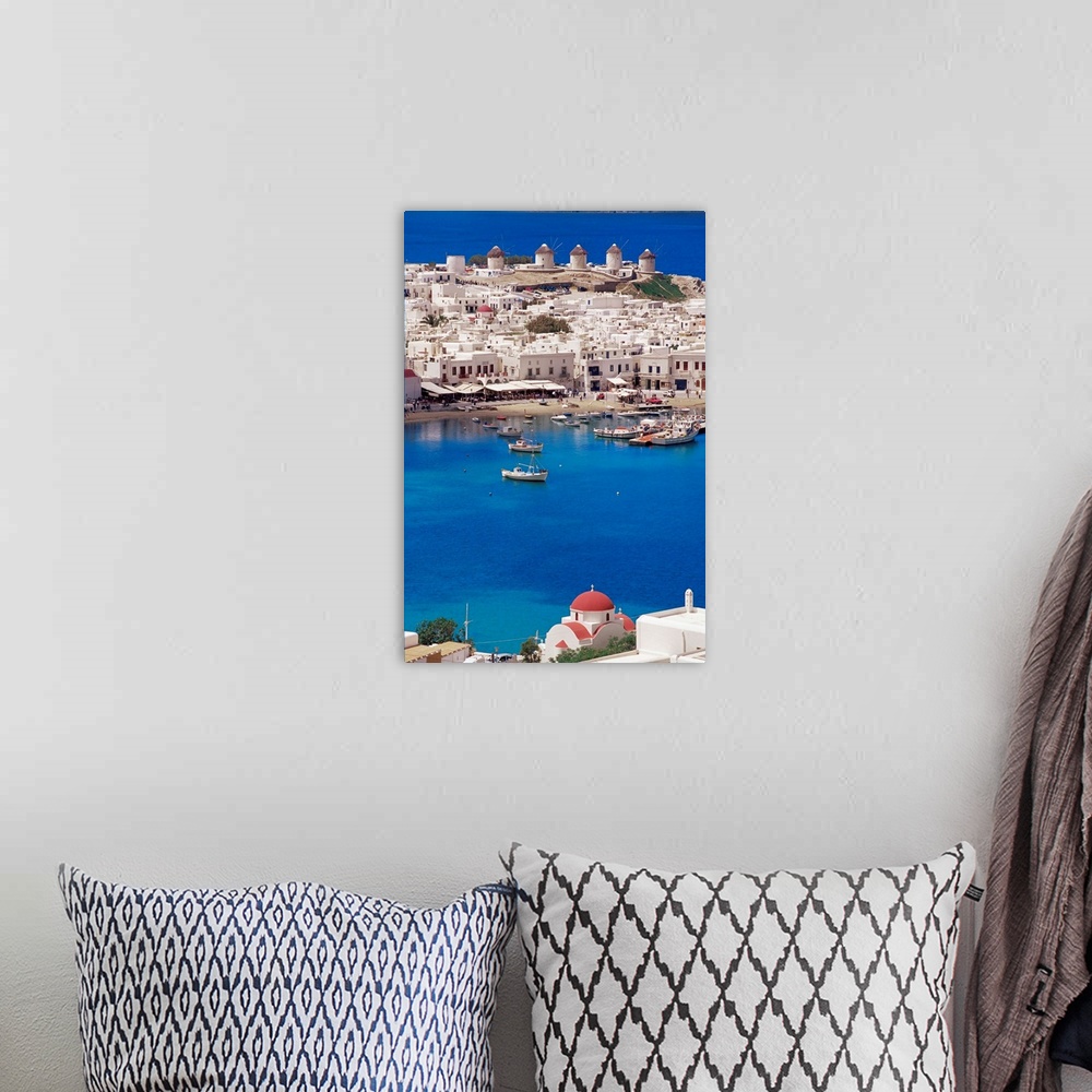 A bohemian room featuring Aerial view of Mykonos, Hora and harbour, Cyclades, Greek Islands, Greece