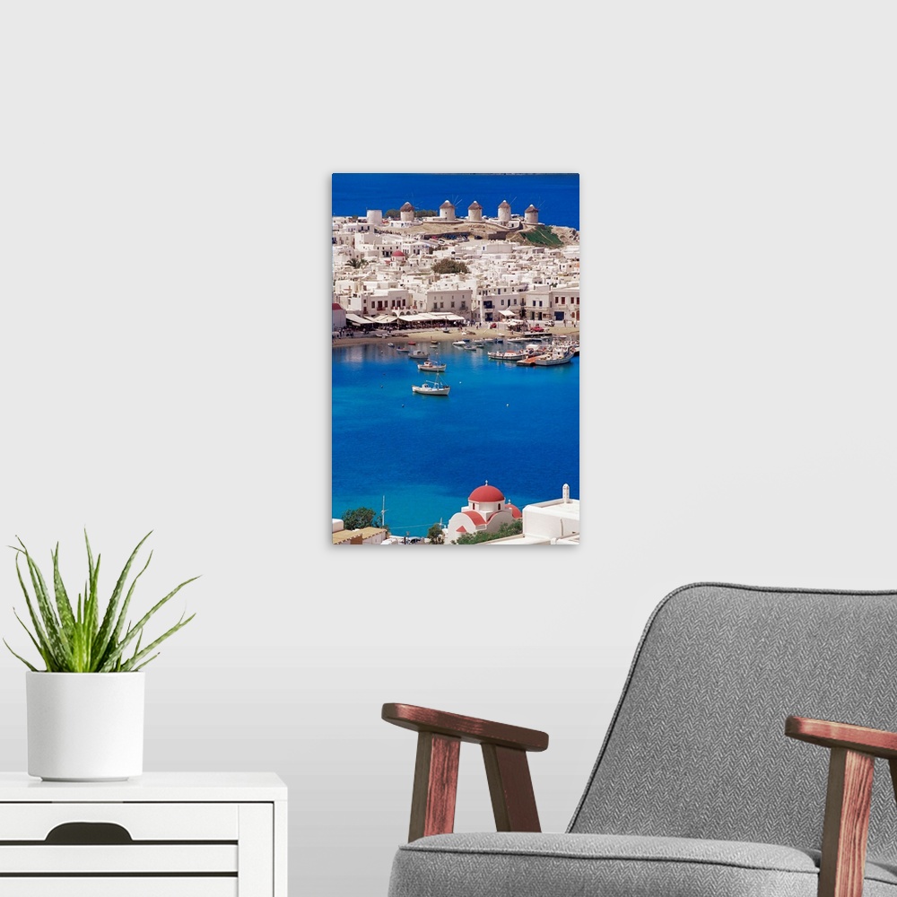 A modern room featuring Aerial view of Mykonos, Hora and harbour, Cyclades, Greek Islands, Greece