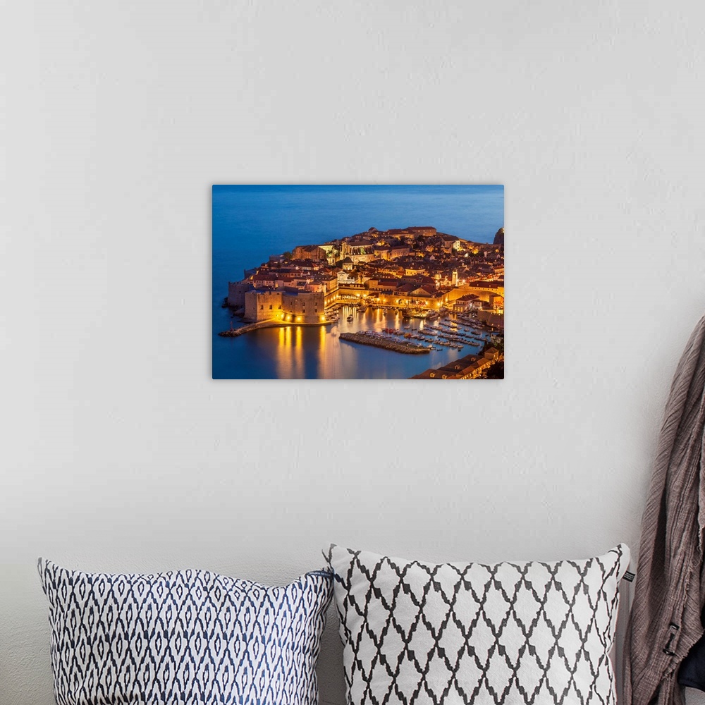 A bohemian room featuring Aerial view of Old Port and Dubrovnik Old Town at night, Dubrovnik, Dalmatian Coast, Croatia