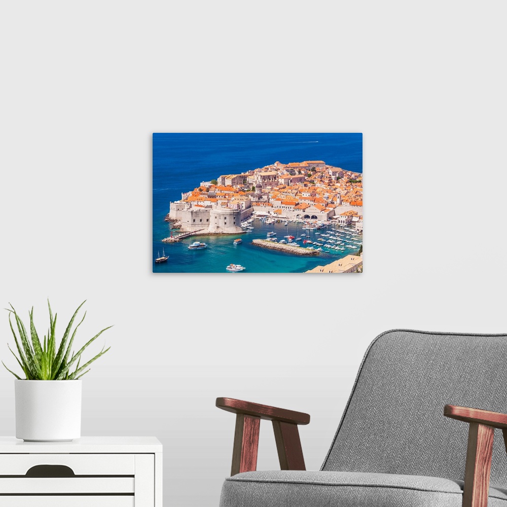 A modern room featuring Aerial view of Old Port and Dubrovnik Old town, Dubrovnik, Dalmatian Coast, Croatia