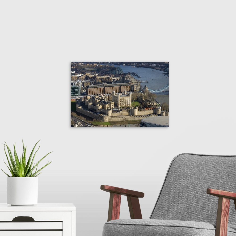 A modern room featuring Aerial view of the Tower of London, London, England