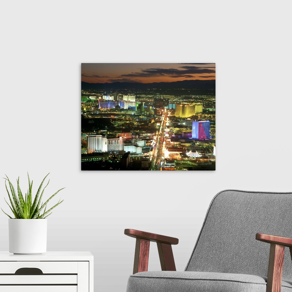 A modern room featuring Aerial view over lights of the city at night, Las Vegas, Nevada