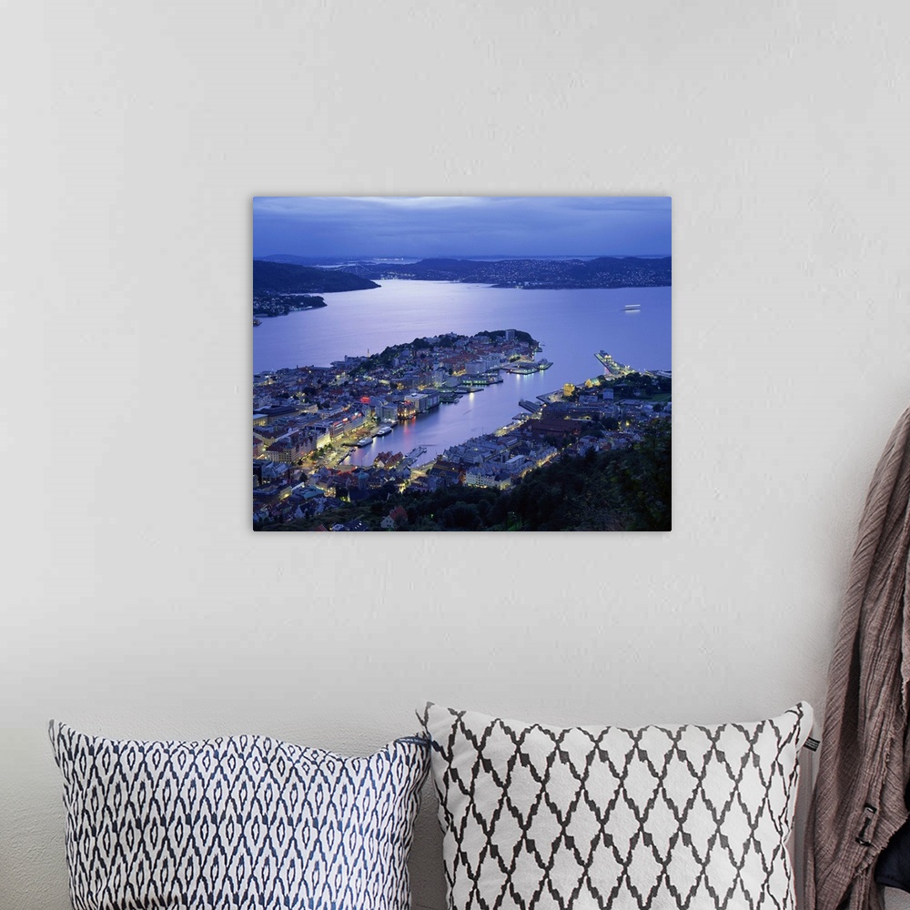 A bohemian room featuring Aerial view the harbour and city of Bergen at dusk, Norway, Scandinavia