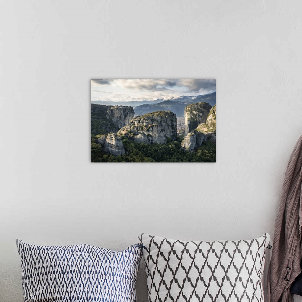 A bohemian room featuring Agios Stefanos and Aghia Triada Monasteries at sunrise, Meteora, UNESCO World Heritage Site, Thes...