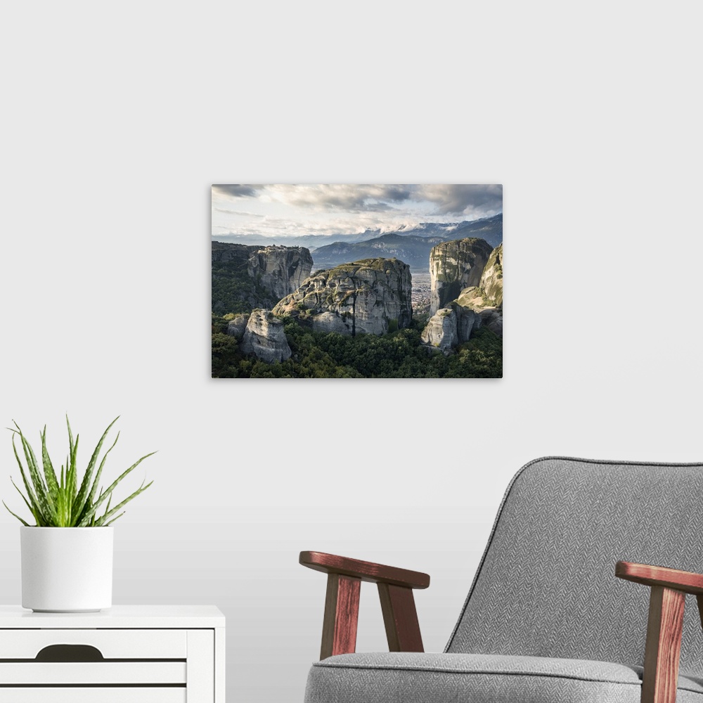 A modern room featuring Agios Stefanos and Aghia Triada Monasteries at sunrise, Meteora, UNESCO World Heritage Site, Thes...