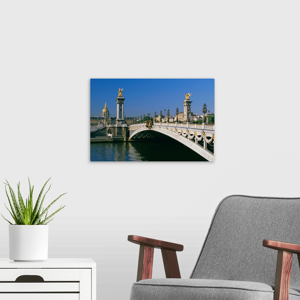 A modern room featuring Alexander III bridge over the Seine River, Paris, France