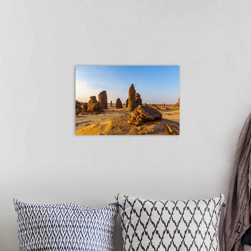 A bohemian room featuring Algharameel rock formations, Al Ula, Kingdom of Saudi Arabia, Middle East