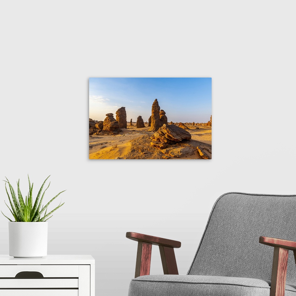 A modern room featuring Algharameel rock formations, Al Ula, Kingdom of Saudi Arabia, Middle East