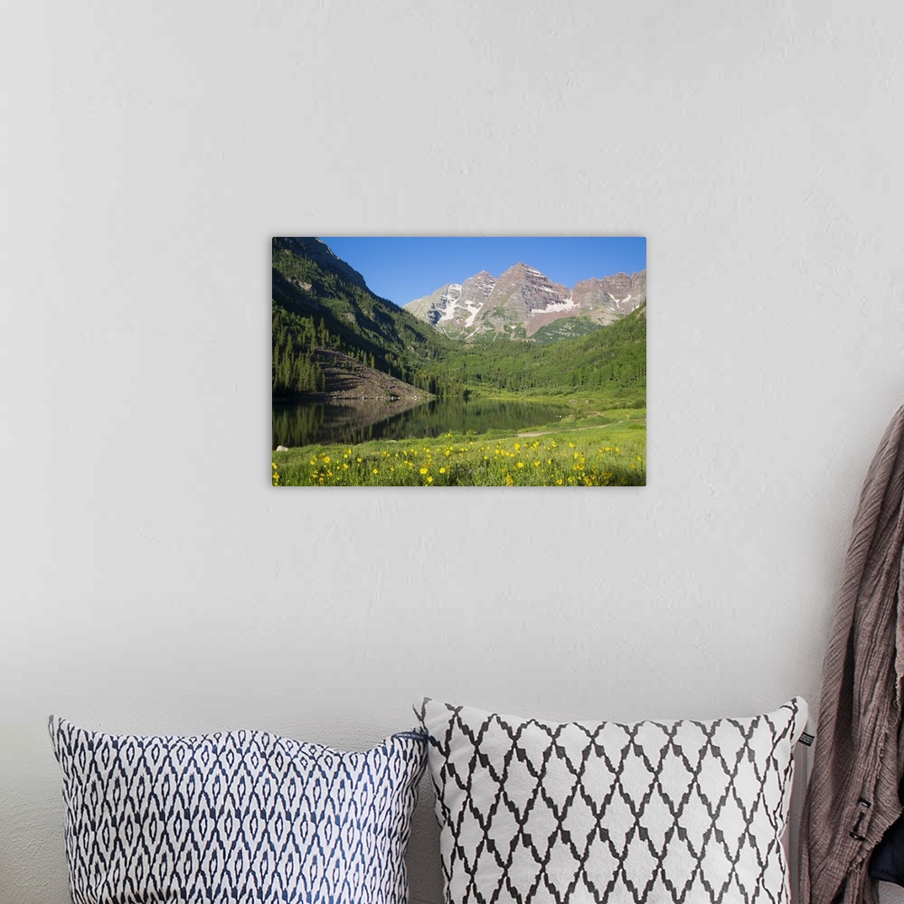A bohemian room featuring Alpine sunflowers, Maroon Lake, Maroon Bells Peaks in background, Maroon Bells Scenic Area, Colorado