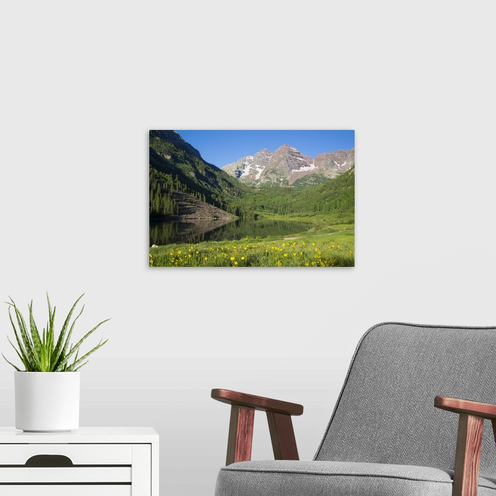A modern room featuring Alpine sunflowers, Maroon Lake, Maroon Bells Peaks in background, Maroon Bells Scenic Area, Colorado