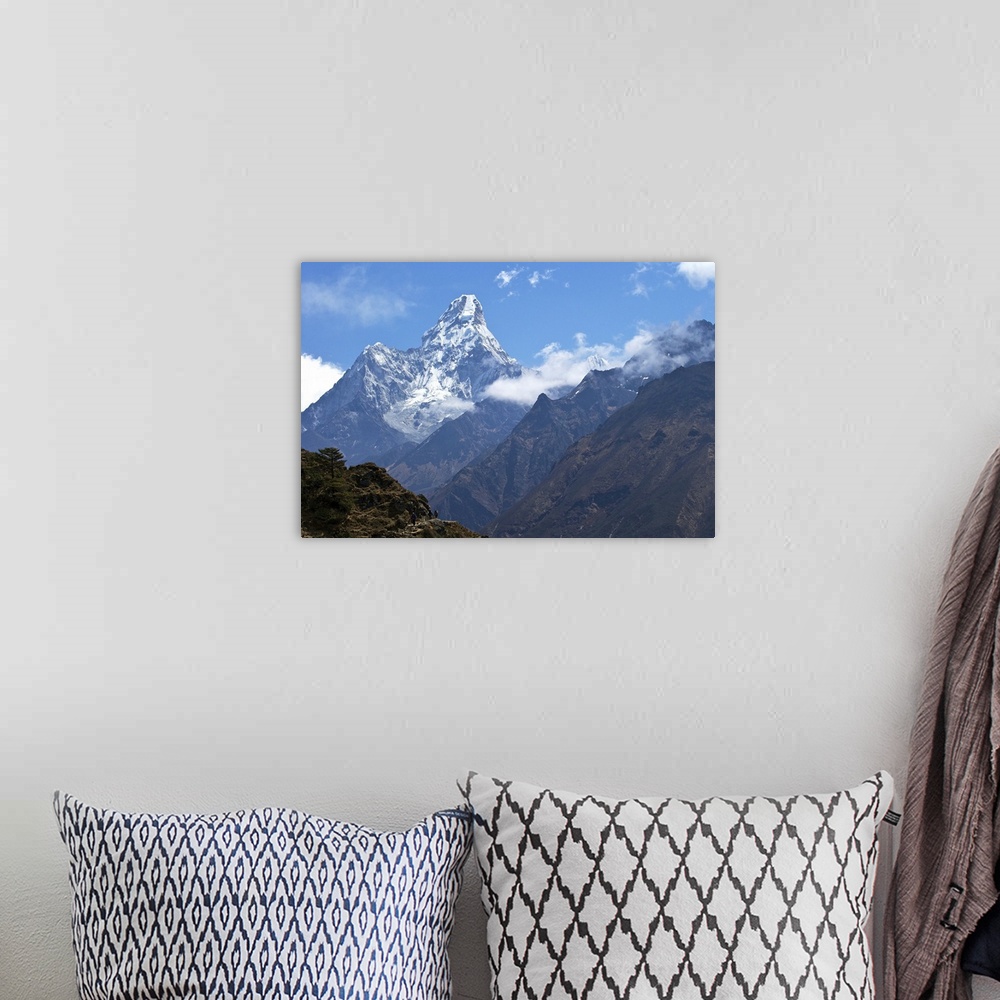 A bohemian room featuring Ama Dablam from trail between Namche Bazaar and Everest View Hotel, Nepal, Himalayas, Asia.
