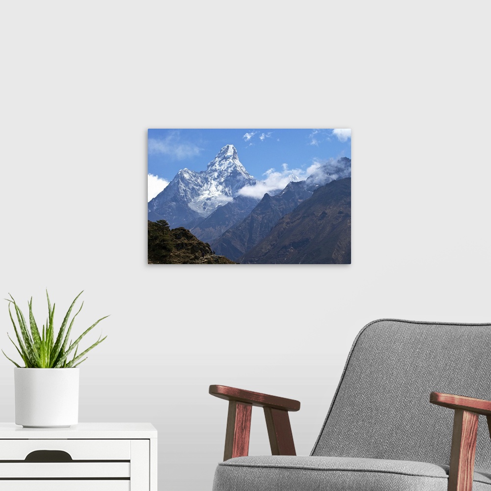 A modern room featuring Ama Dablam from trail between Namche Bazaar and Everest View Hotel, Nepal, Himalayas, Asia.