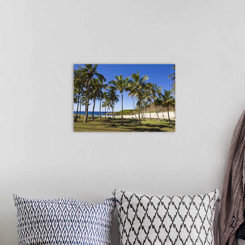 A bohemian room featuring Anakena beach, the Island's white sand beach fringed by palm trees, Rapa Nui, Chile