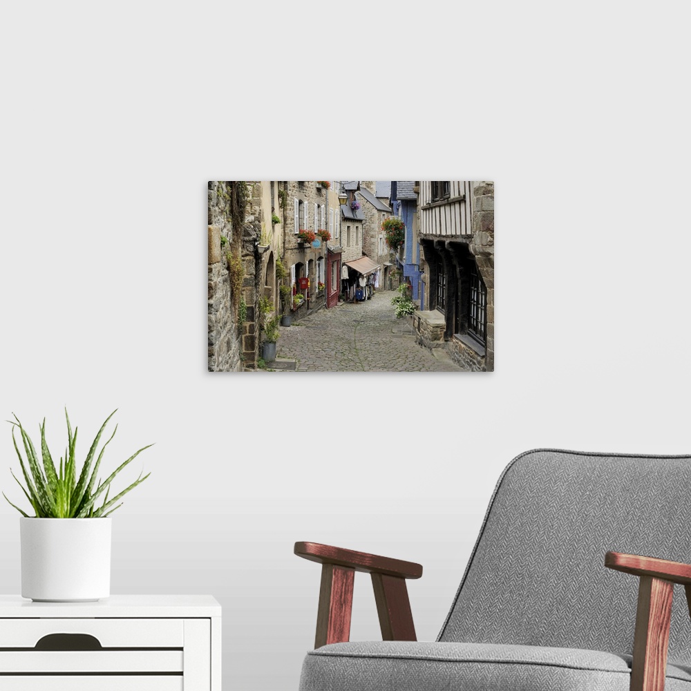 A modern room featuring Ancient cobbled street and houses, Rue du Petit Fort, Cotes-d'Armor, Brittany, France