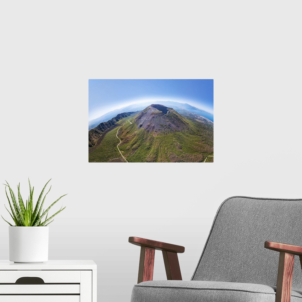 A modern room featuring Angled aerial view of Mount Vesuvius volcano, Naples, Campania, Italy, Europe
