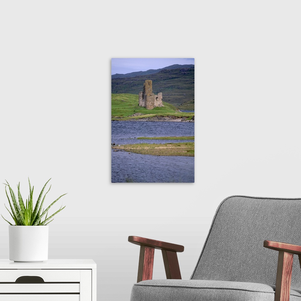 A modern room featuring Ardwreck Castle, on the shores of Loch Assynt, Highland region, Scotland, UK