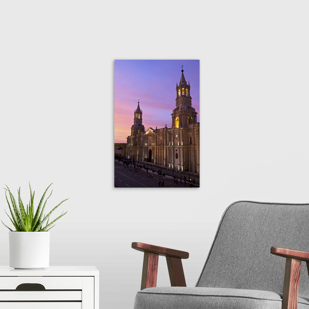 A modern room featuring Arequipa Cathedral at sunset on Plaza de Armas, Arequipa, Peru