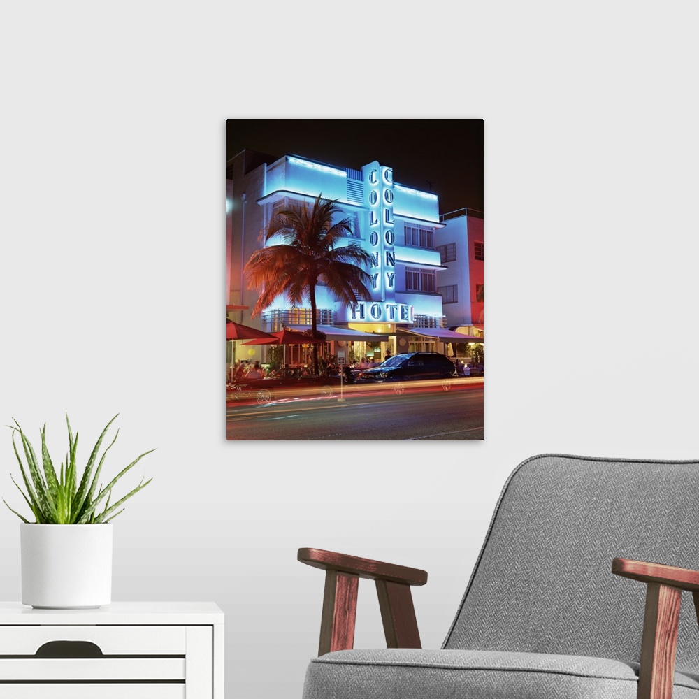 A modern room featuring Art deco district at dusk, Ocean Drive, Miami Beach, Miami, Florida