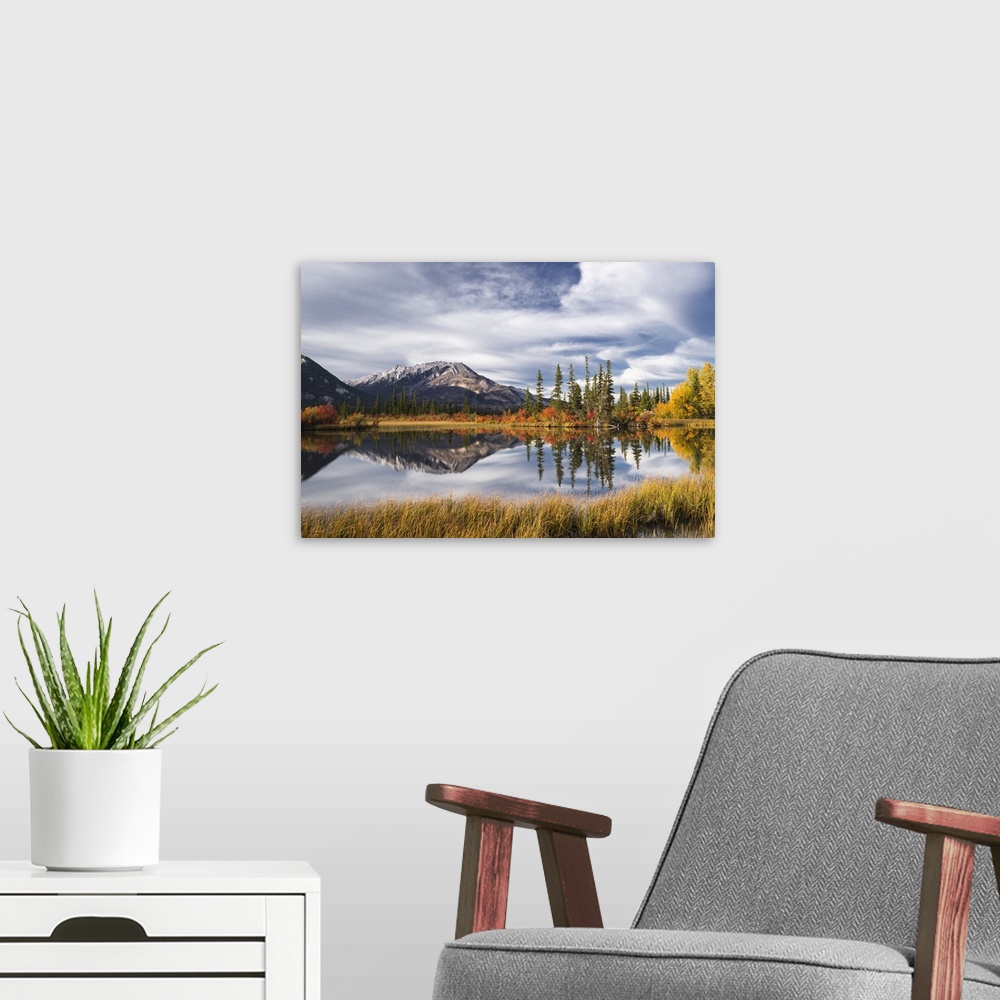 A modern room featuring Autumn foliage and mountain lake, Jasper National Park, UNESCO World Heritage Site, Canadian Rock...