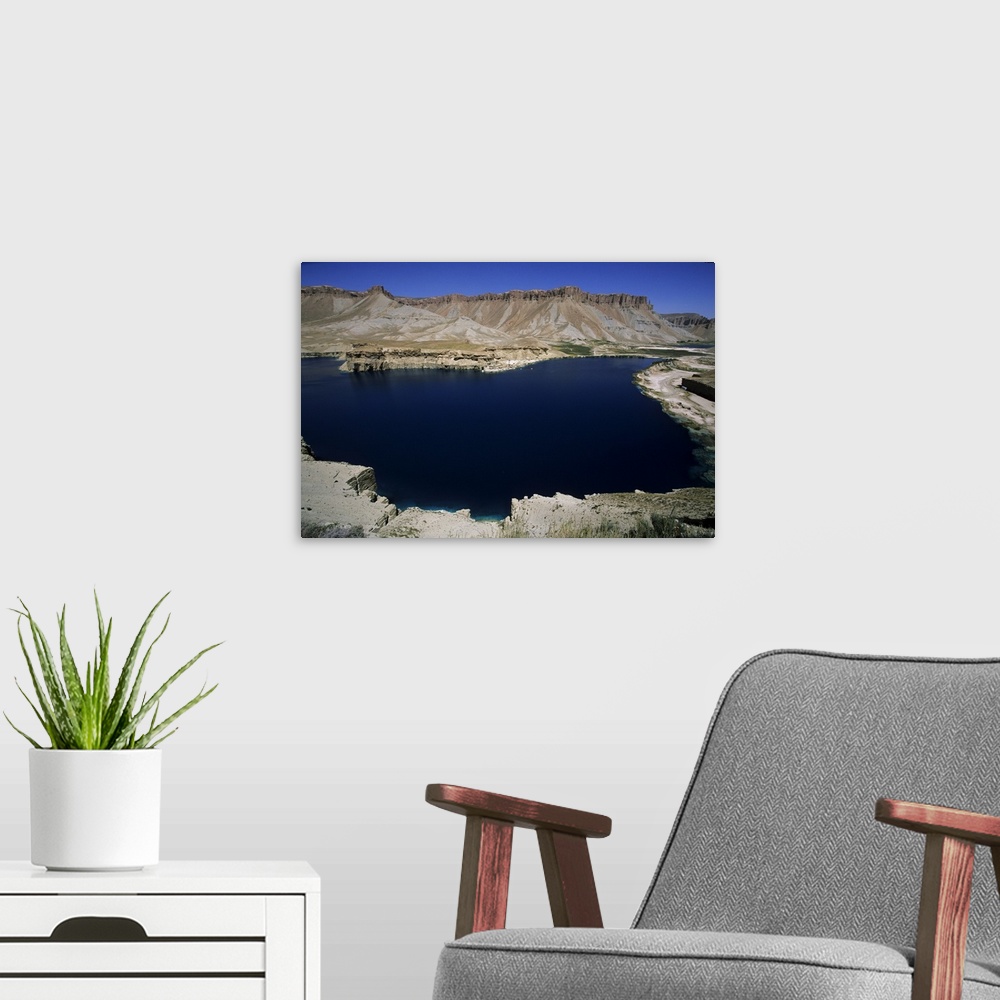 A modern room featuring Band-i-Zulfiqar, the main lake at Band-E-Amir, Afghanistan