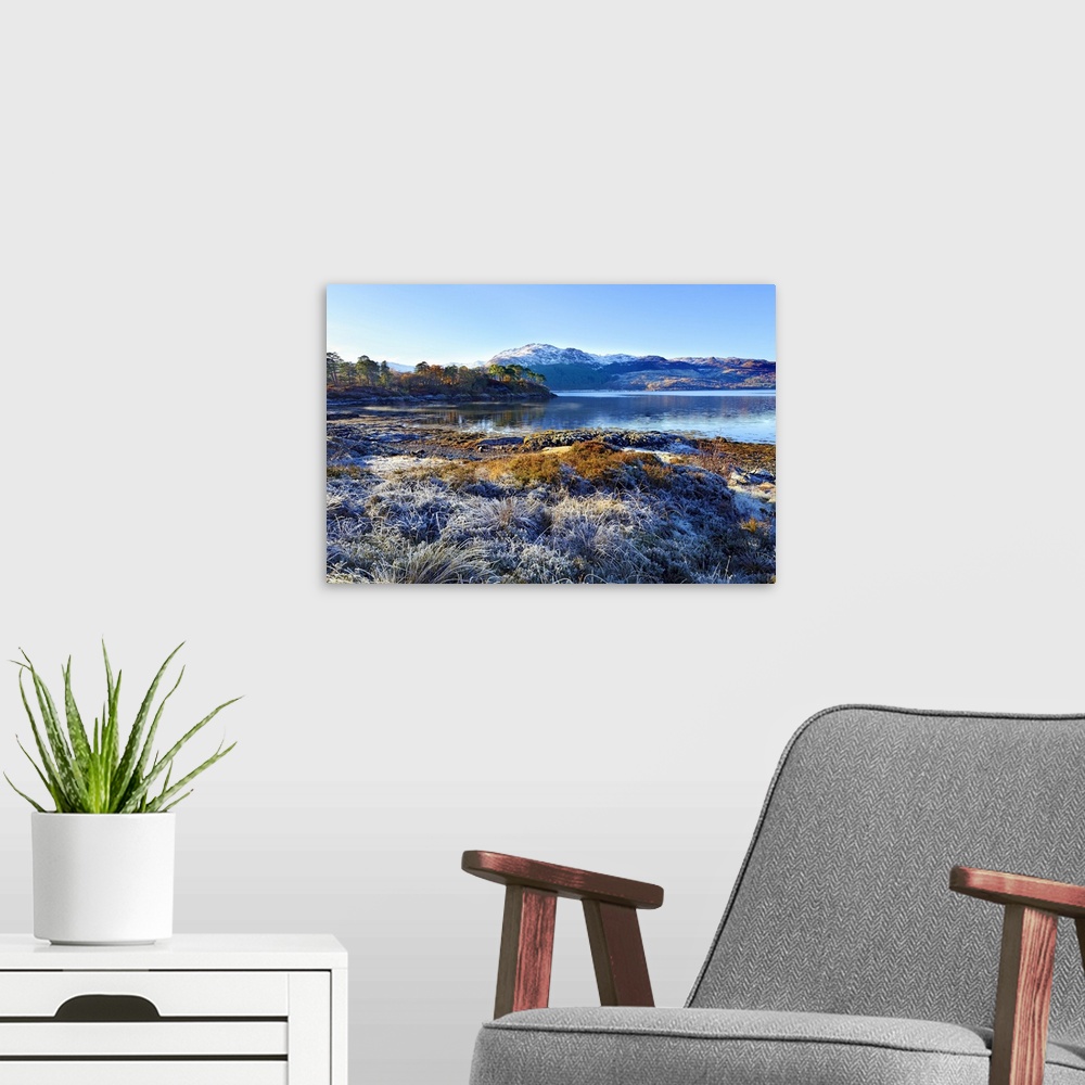 A modern room featuring Winter view on a frosty sunny morning along the banks of Loch Sunart in the Ardnamurchan Peninsul...