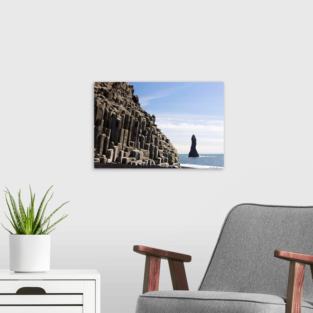 A modern room featuring Basalt cliffs and rock stack, Halsenifs Hellir Beach, South Iceland, Iceland