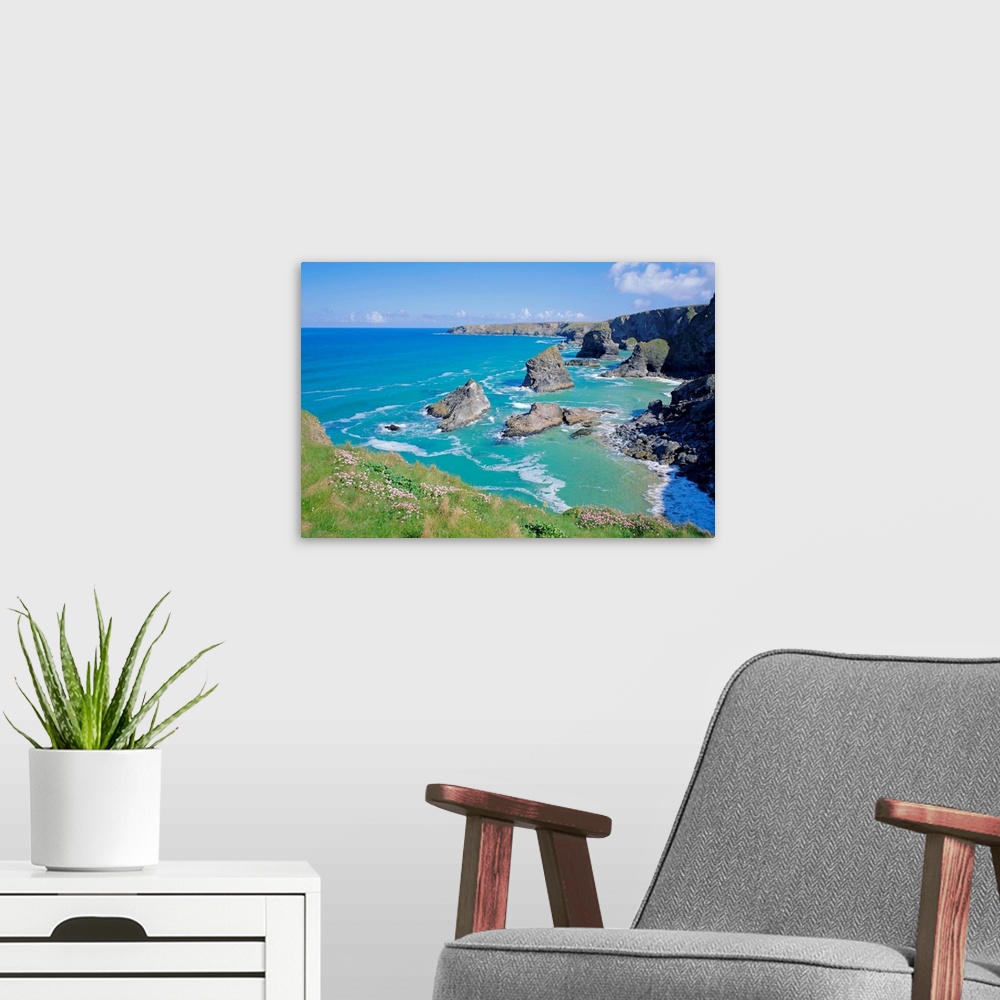 A modern room featuring Bedruthan Steps, north coast, Cornwall, England, UK