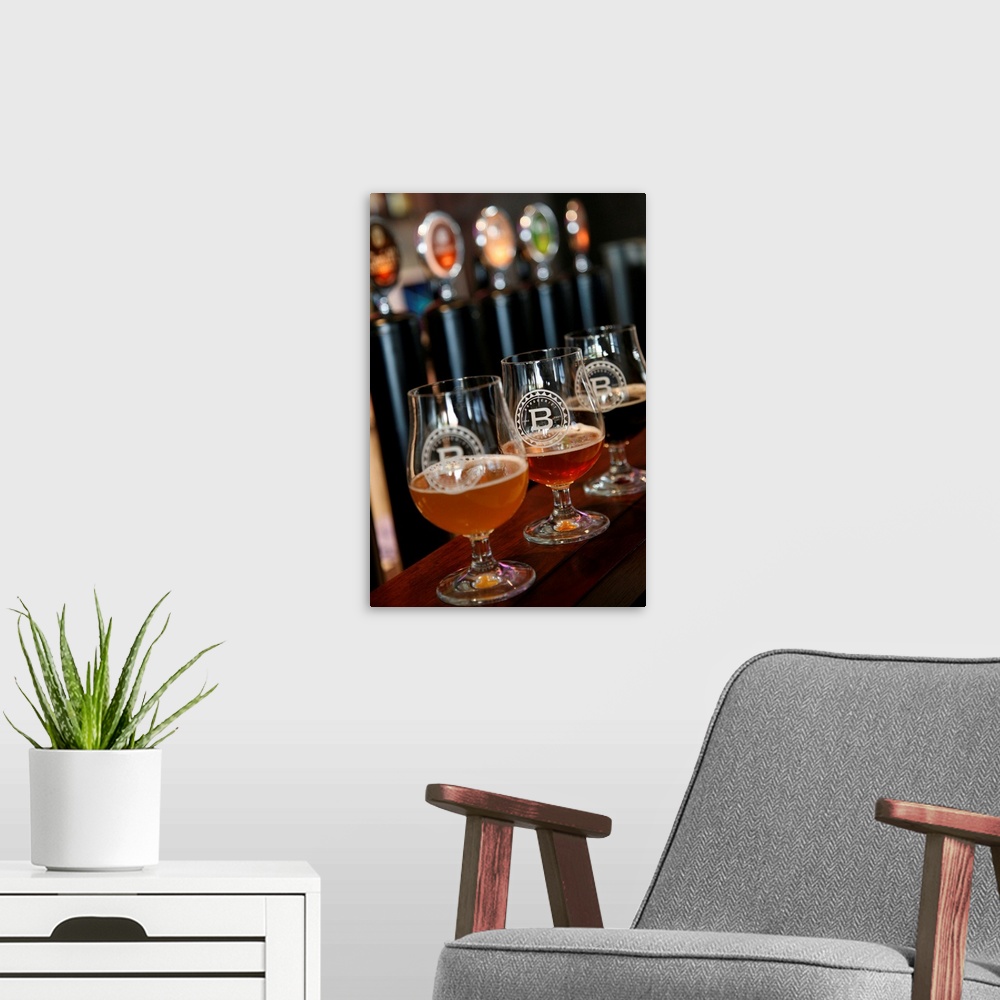 A modern room featuring Beer glasses at the Broggeriet brewery, Jutland, Denmark, Scandinavia