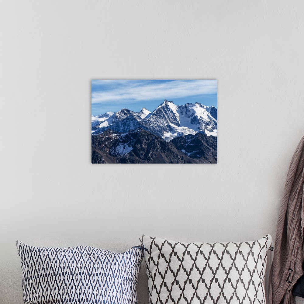 A bohemian room featuring Aerial view by drone of Bernina Group and Biancograt mountain, Engadine, canton of Graubunden, Sw...