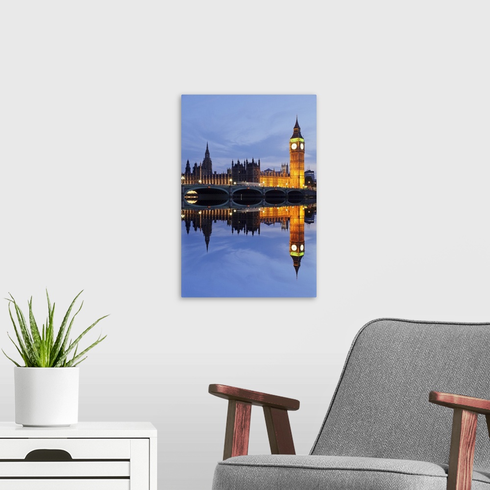 A modern room featuring Big Ben and the Houses of Parliament, UNESCO World Heritage Site, and Westminster Bridge reflecte...