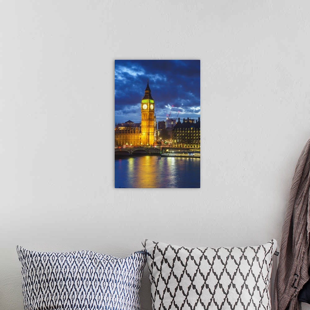 A bohemian room featuring Big Ben and Westminster Bridge at dusk, London, England
