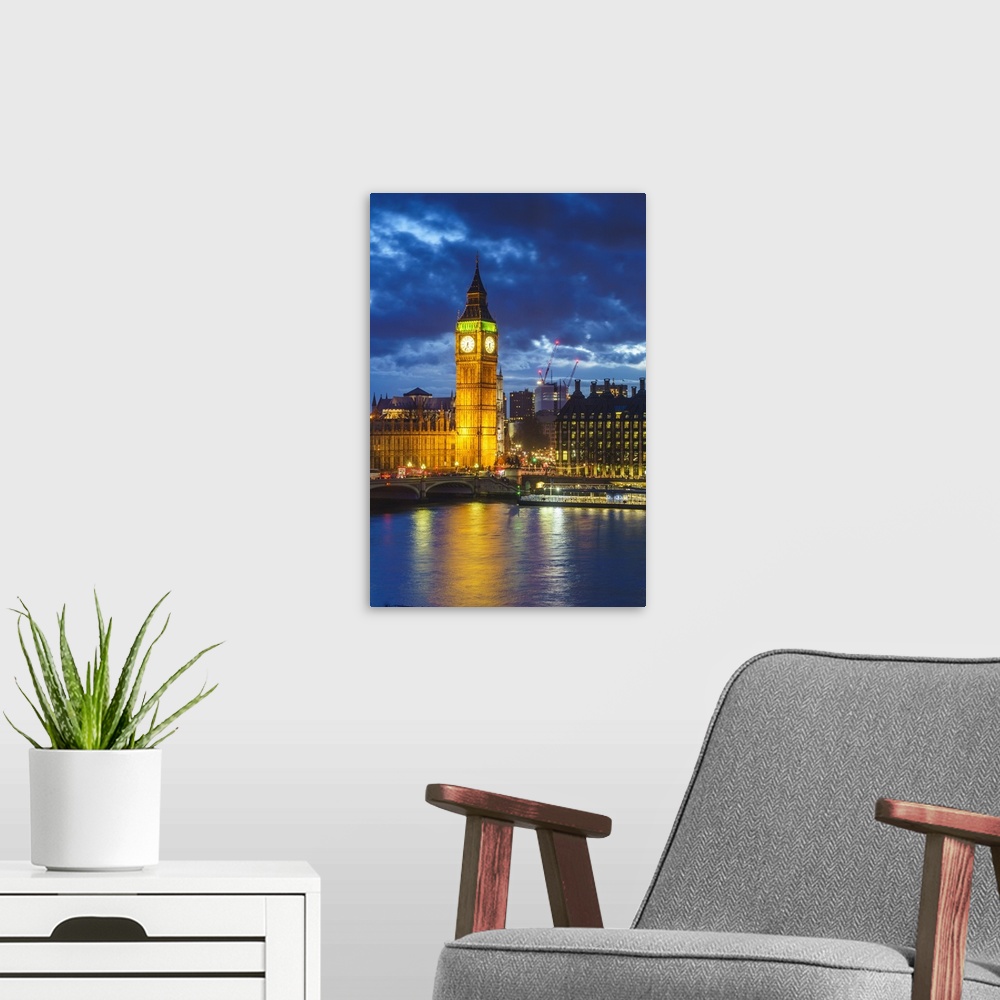 A modern room featuring Big Ben and Westminster Bridge at dusk, London, England