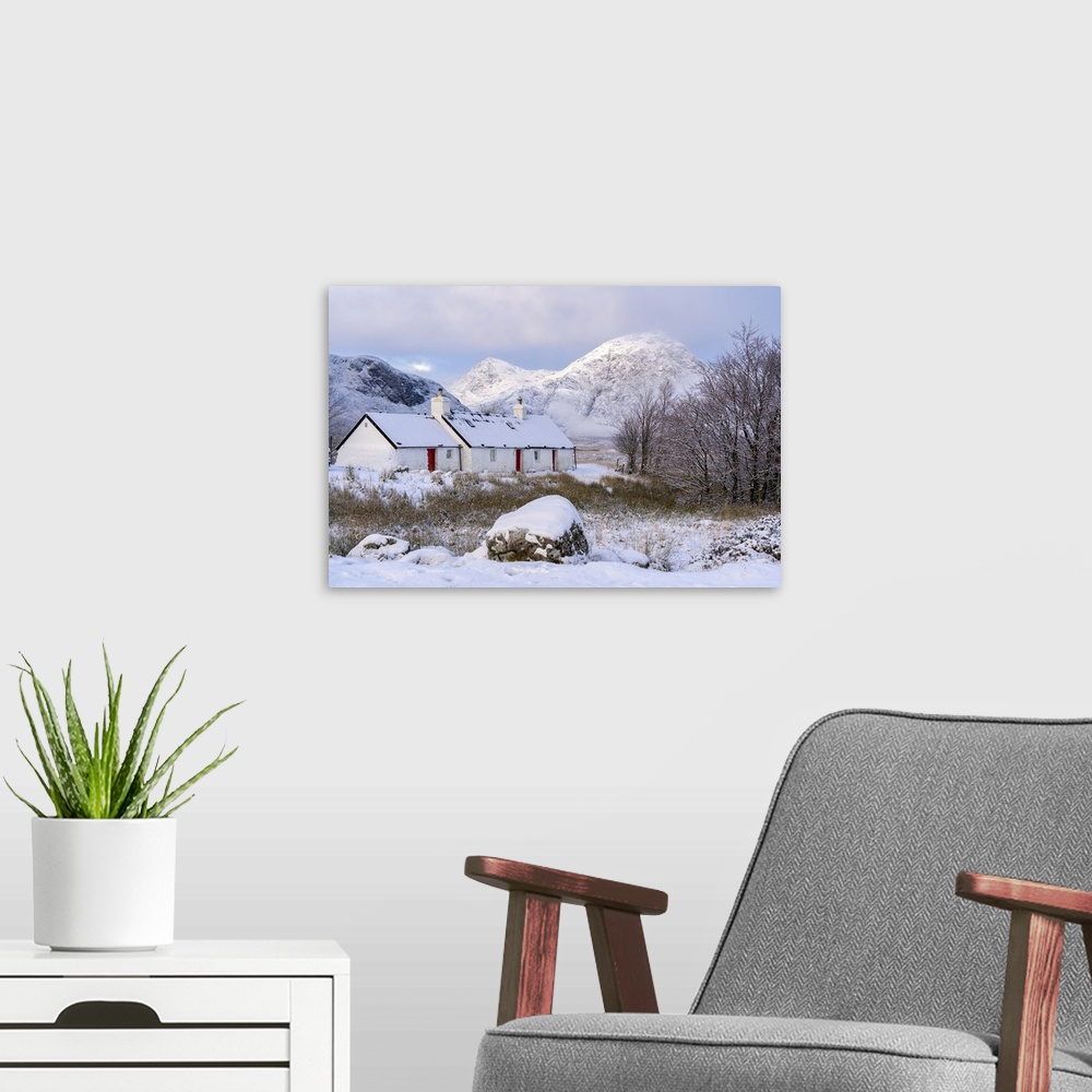 A modern room featuring Blackrock Cottage in the snow, Glencoe, Scottish Highlands, Scotland, United Kingdom, Europe