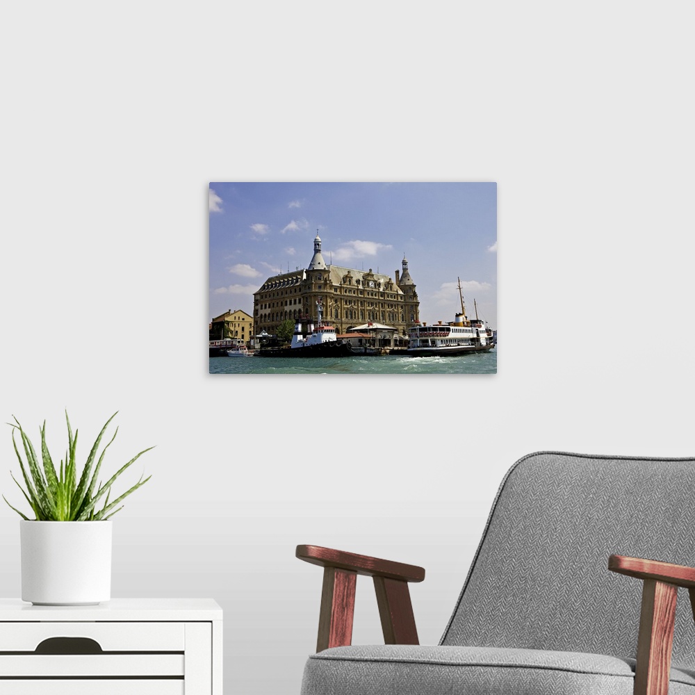 A modern room featuring Boat in front of Haydarpasa Terminus railway station, Istanbul, Turkey