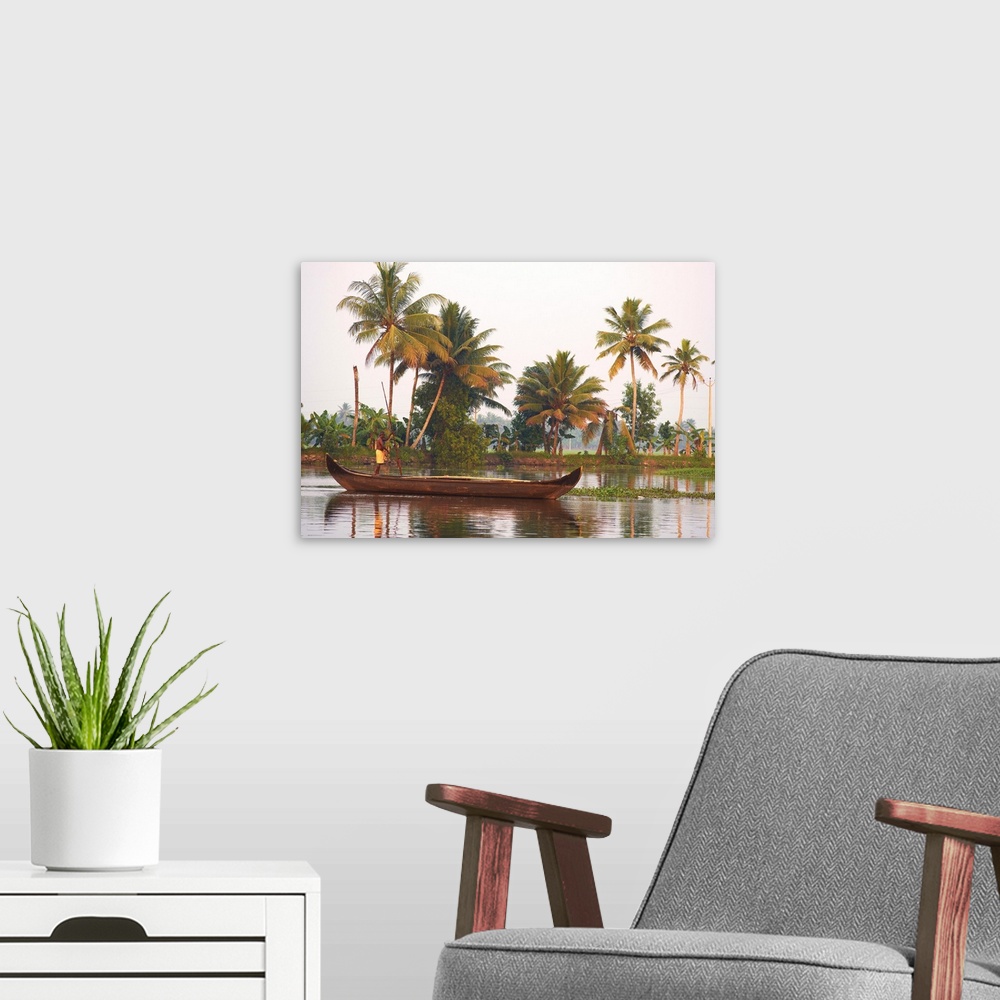 A modern room featuring Boat on the backwaters, Allepey, Kerala, India, Asia
