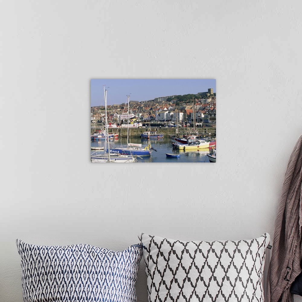 A bohemian room featuring Boats in harbour and seafront, Scarborough, Yorkshire, England, UK