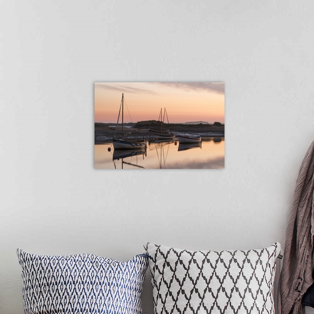 A bohemian room featuring Boats in the channel on a beautiful morning at Burnham Overy Staithe, Norfolk, England