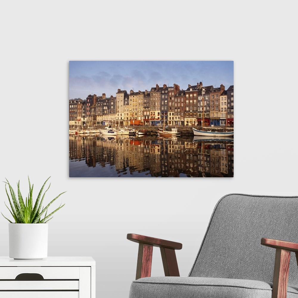 A modern room featuring Boats Moored at the Old Dock, Honfleur, Normandy, France.